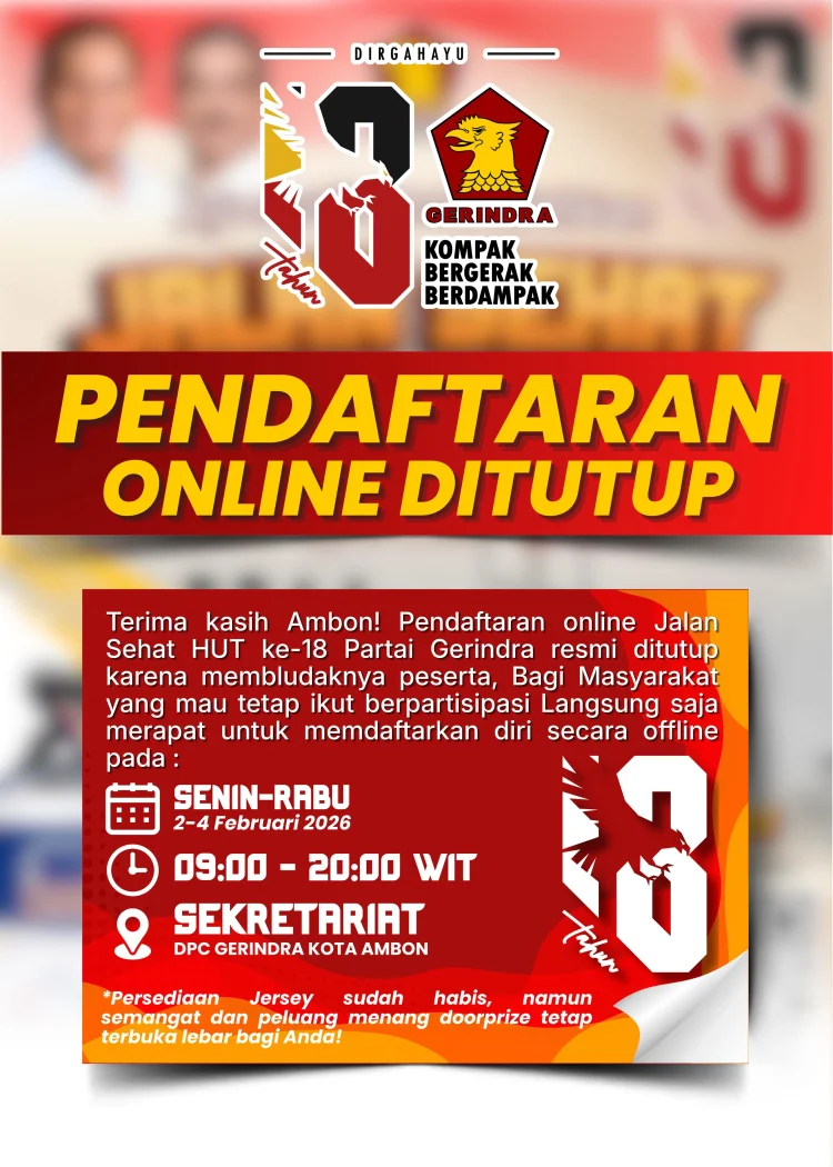 Pendaftaran Online Jalan Sehat HUT Gerindra Resmi Ditutup, Panitia Buka Pendaftaran Offline di Kantor DPC Ambon